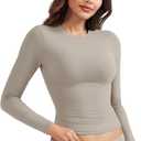 YEOREO Long Sleeve Shirts for Women y2k Tops Double Lined Basic Tee Crew Neck Going Out Sweeney Workout Undershirt (X-Small, Silver Grey)