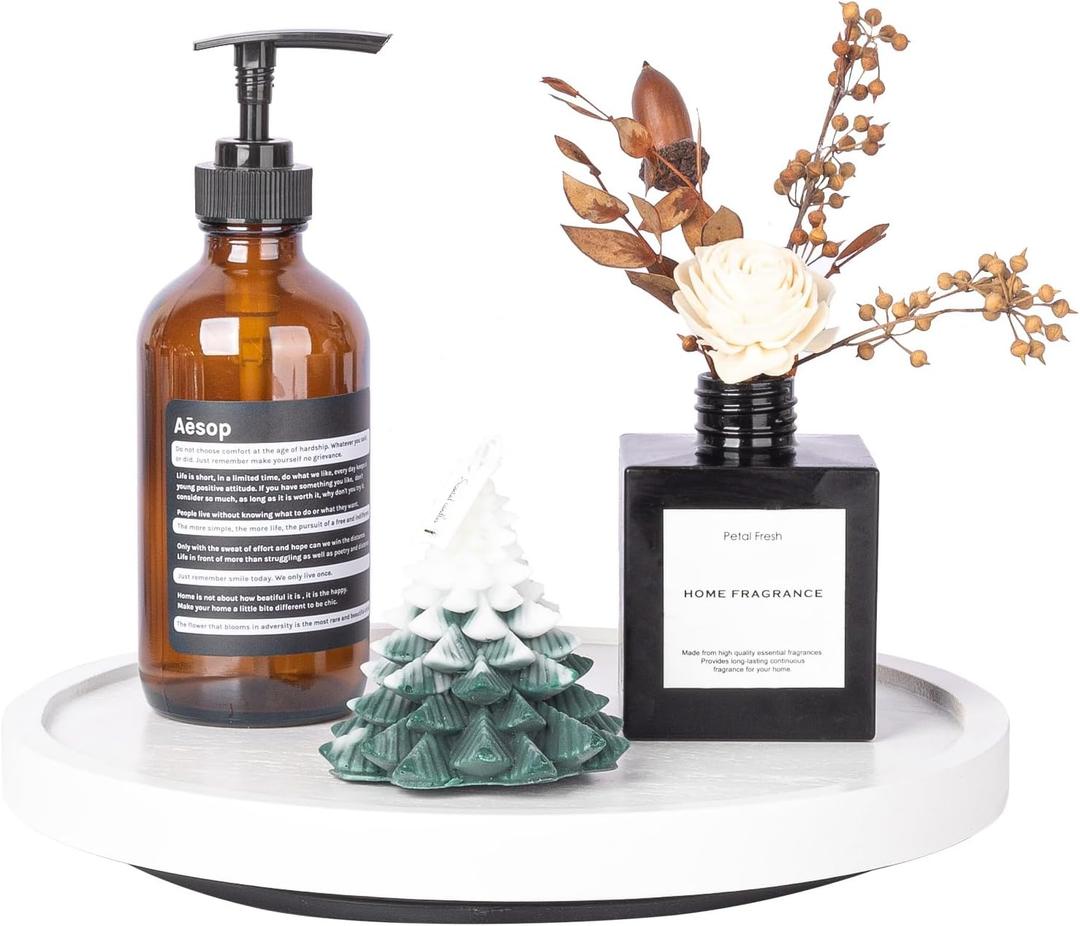 Wood Lazy Susan Organizer Kitchen Turntable for Cabinet Farmhouse Bathroom Decor Round Decorative Tray for Vanity, Counter, Sink, Coffee Table, 10 Inch, White