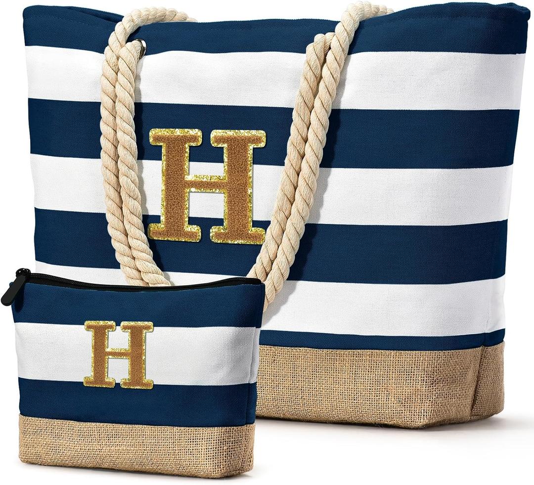 Becokan Beach Bag Initial Beach Tote with Makeup Bag for Travel Work Storage Personalized Birthday Gifts for Women Her (Dark Blue 2 Pcs)