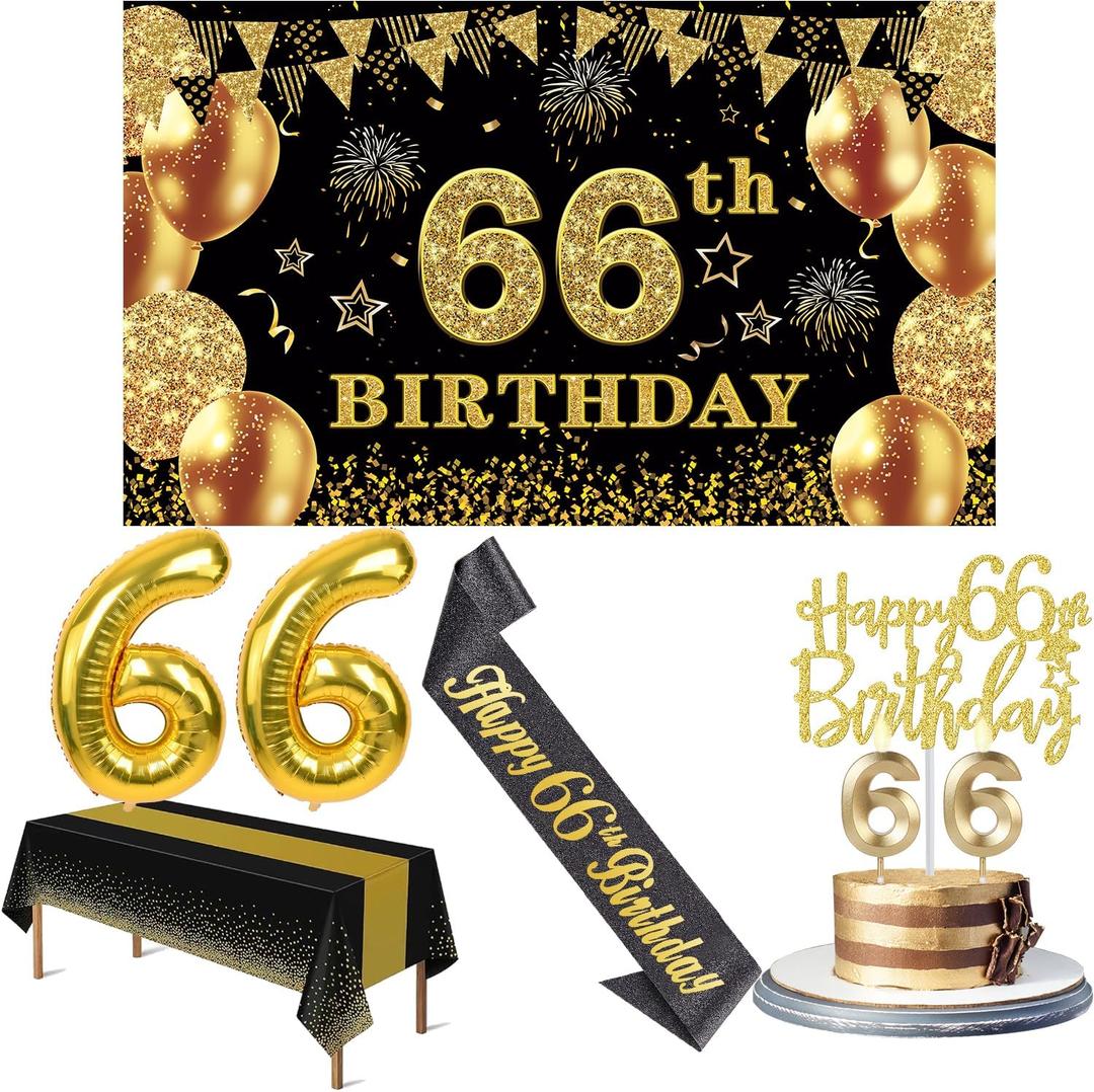 66th Birthday Decorations Men Women with 66th Birthday Banner, Black and Gold Table Cloth, Number Balloons, Sash, Cake Topper and Candles