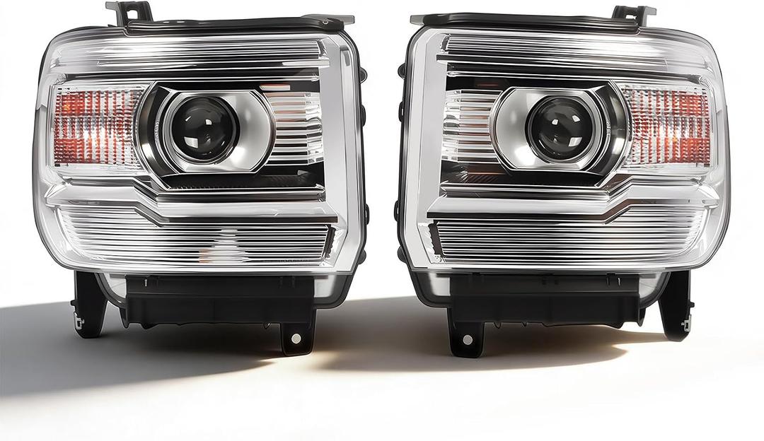 Left+Right Headlights Assembly Compatible with 2014-2019 Sierra 1500 2500HD 3500HD HeadLamps Chrome Clear Lens W/Blubs