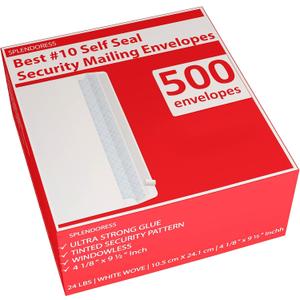 #10 Envelopes Letter Size Self Seal | 500 Business Mailing Security Peel and Sealing Envelope | 100% Tinted | no 10 White Windowless Legal Regular Plain Envelops Pack | 4-1/8 x 9-1/2 Inches | 24 LB, 500 Count