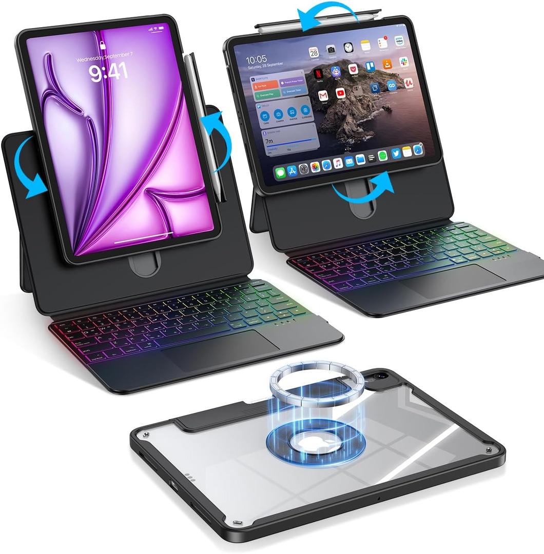 BLOSOMEET Magnetic iPad Air 11 inch (2025 M3/2024 M2), Air 6/5/4 Gen, iPad Pro 11 inch 4/3/2/1 Gen w/Keyboard & Stand, Clear Liftable & Detachable Magnetic Cover, Multi-Touch Trackpad, Black
