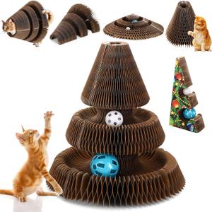 Soulchen Christmas Tree Magic Organ Cat Scratching Board, Combinable Cat Toy, Interactive Cardboard Kitty Scratcher with Bell Ball, Durable Foldable Accordion Scratch Pad, Exercise for Indoor