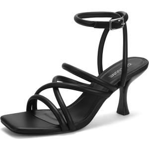 Carcuume Women's Square Toe Strappy Lace Up Heeled Sandals Ankle Buckle Kitten Heel (8.5, Black Pu)