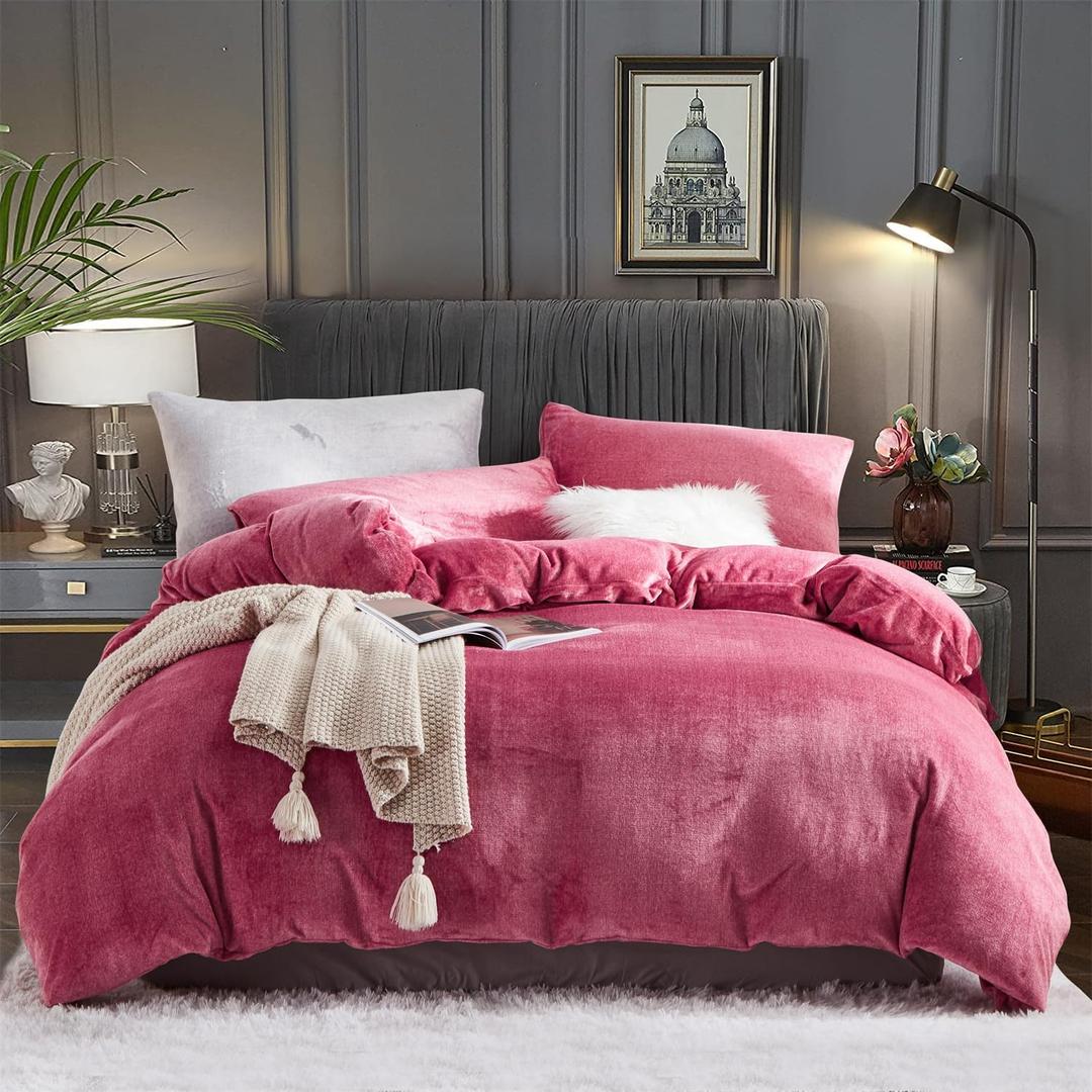 Fluffy Velvet Duvet Cover Set Red Twin Size Fall Winter Soft Warm Flannel Comforter Cover Wine Red 68" x 90" Luxury Cozy Plush Fleece Reversible Bedding Duvet Cover Set Burgundy 2pc