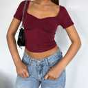 ForeFair Women's Sexy Short Sleeve Going Out Tops Pleated Bustier Shirt Cute Sweetheart Neck Y2K Crop Tee（Burgundy,XS）
