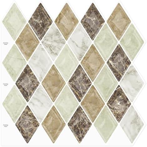 Pack of 3 10-Sheet Peel and Stick Backsplash for Kitchen Accent Wall, Ist Momoreo Diamond Shape Backsplash Self Adhesive Tile 12"x12" - Brown Marble