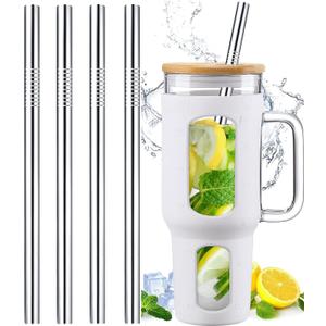 12" Stainless Steel Straws Replacement for Stanley Adventure Quencher 40 oz 30 oz Cup Tumbler, 4 Pack Metal Straws Reusable with Cleaning Brush for Stanley 40 oz & Simple Modern Tumbler with Handle