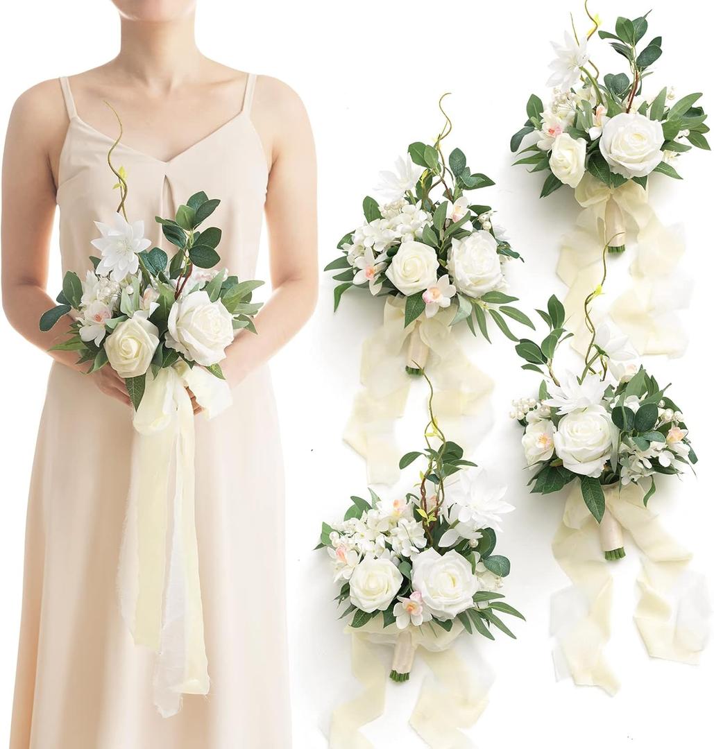 Ling's Moment Artificial Flowers White Bridesmaid Bouquet Set of 4, White & Sage Wedding Flowers Bouquets for Bridesmaids, 7 Inch Bridal Bouquets for Bridesmaids, Wedding, Ceremony, Anniversary, etc (Wht-white & Ivory)
