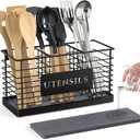 THYGIFTREE Utensil Holder for Kitchen Counter with Diatomaceous Earth Base, Large Black Metal Cooking Tool Organizer with 3 Compartments, Countertop Utensil Holder for Spatula and Kitchen Utensils