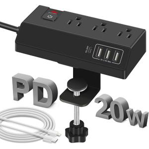 3 Outlet Desk Clamp Power Strip with 4 USB Ports - Desktop Edge Mount Surge Protector - Clamp on Power Strip USB C 20W - Desk, Men, Hotel, Home, Office, Gaming, Phone, Computer, Electronic Accessories