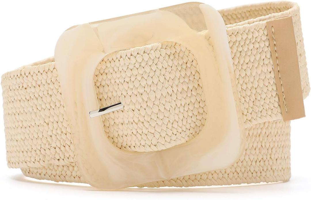 Earnda Elastic Wide Belt for Women Stretch Straw Woven Waistband with Pin Buckle Beige
