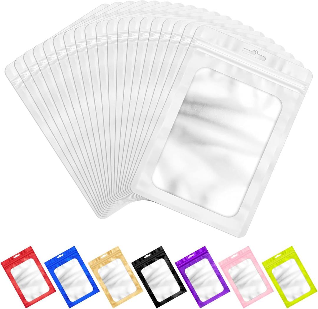 ANZNKU 100 PCS Resealable Mylar Bags with Frosted Clear Window Packaging Bags Foil Pouch Zipper Bag for Food Self Sealing Storage Supplies (2.75x3.93, White)