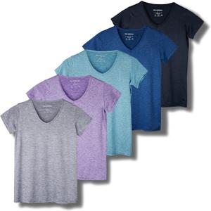 Real Essentials 5 Pack: Women's Short Sleeve V-Neck Activewear T-Shirt Dry-Fit Wicking Yoga Top (1X)
