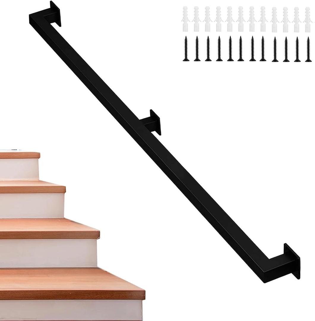 6FT Square Stair Handrail, Hand Rails Stairs, Handrails for Stairs, Black Banister Rails, Industrial Pipe Clothes Rail, Outdoor Indoor Industrial Pipe Stair Banister for Elder and Child