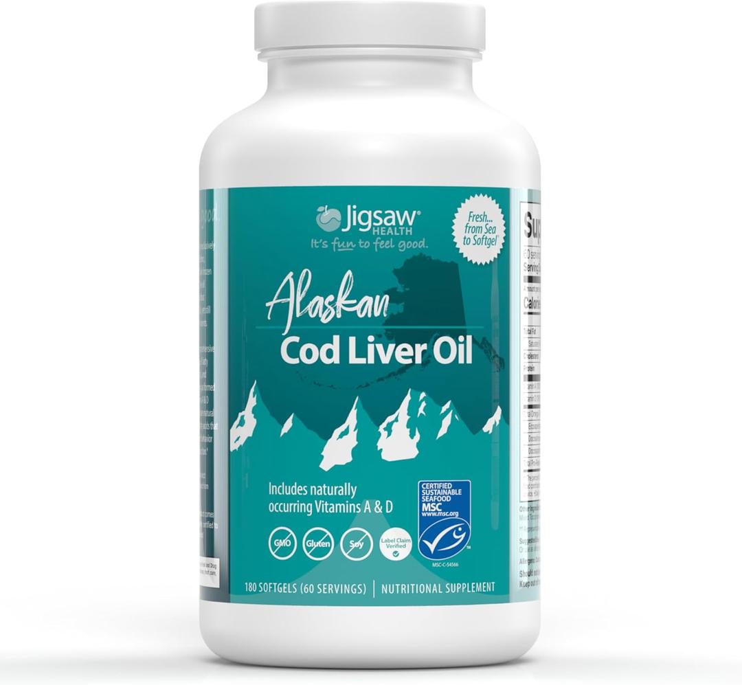 Jigsaw Health Alaskan Cod Liver Oil | 900 mg Omega-3s with EPA, DHA, and DPA | Includes Naturally Occuring Vitamins A & D | 180 Softgels | 60 Servings