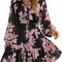 ZESICA Womens Spring Summer Floral Mini Dress Long Sleeve Button Chiffon A Line Swing Short Wedding Guest Party Dresses S