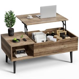 OLIXIS Wooden Coffee Table, Lift Top Coffee Stand with Large Hidden Compartment and Ample Storage Shelf, Lift Tabletop Dining Table for Living Room, Home Small Space, Grey