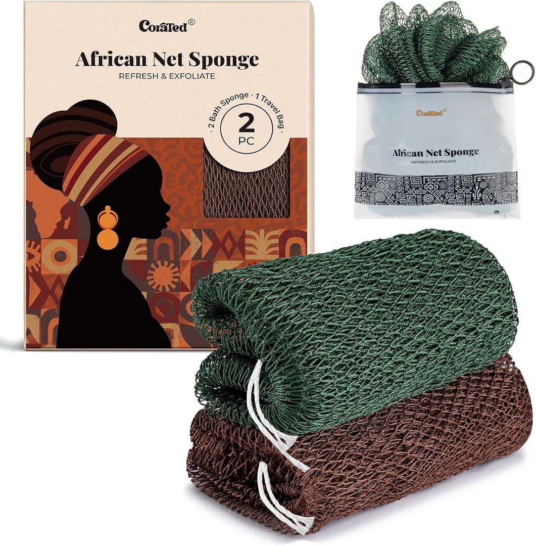 2 x CORATED African Net Sponge Authentic, Shower Loofah Exfoliating Bath Sponge, Body Scrubber for Women and Men Daily Use Body Care, Travel Portable Bath Accessories Spa Gifts