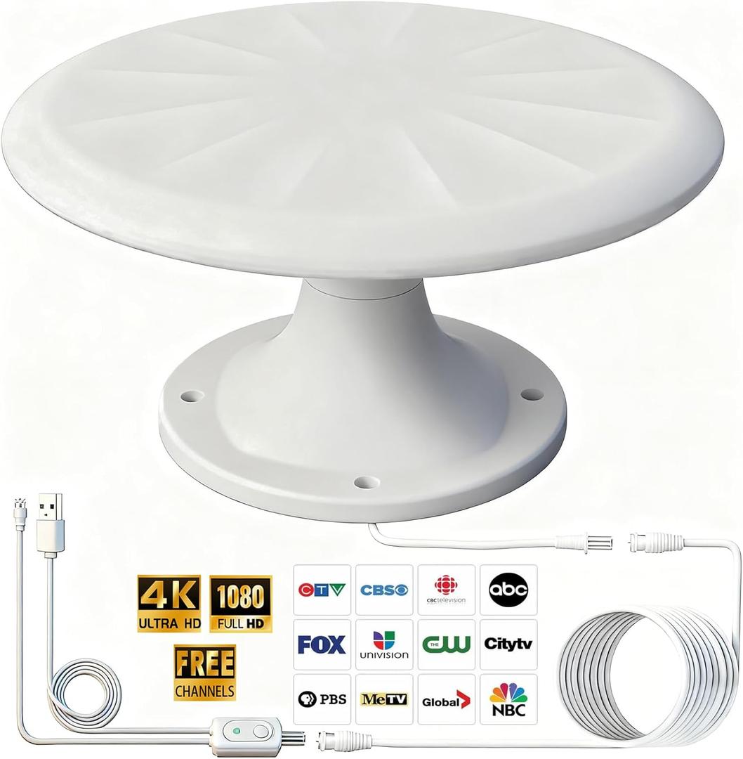 RV TV Antennas Roof Mounted, Portable RV Antenna for Camper Outdoor, 720° Omni Directional Reception Digital Signal for TV, Suit for Travel Trailer/Camping/Boat (White)