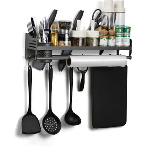 Wall Mounted Spice Rack, Hanging Spice Rack with Hooks - Kitchen Utensil Organizer for Spatulas, Spoons, And Seasoning Jars - Space Saving Solutions for the Kitchen (50CM)