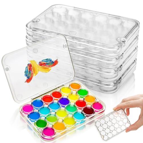 ELFULLY 4 Pack Paint Saver Palette Box, 24-Well Mini Watercolor Palette Case, Airtight Stay Wet Painting Palettes Tray with Lid, Portable Plastic Paint Container for Artist Storage Gouache Oil Paints