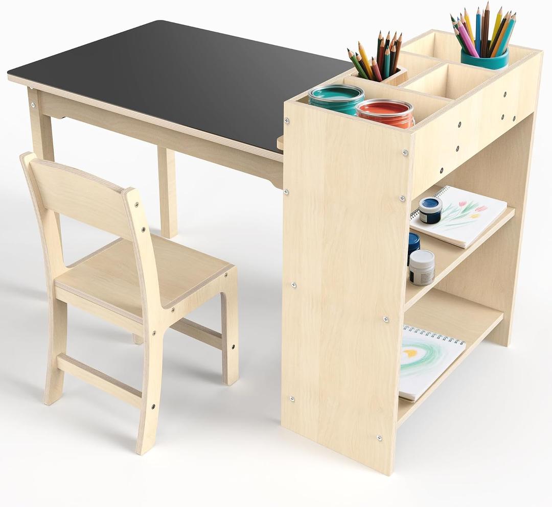 doowroodni Kids Art Table and Chair Set, Sturdy Beech Wood Study Desk for Childrens Drawing, Learning & Play - Multi-Functional Activity Table for Home,Toddler Desk with Storage and 1 Chair, 23 inches x 32.6 inches x 18 inches