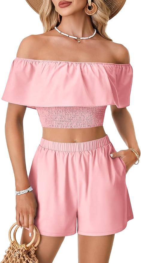 LYANER Women's 2 Piece Outfits Off Shoulder Ruffle Sleeve Shirred Crop Top Wide Leg Shorts Set Size M
