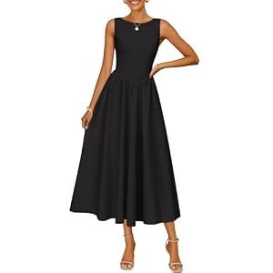 ZESICA Women's Spring Sleeveless Cocktail Dresses 2026 Summer Crewneck Flowy Wedding Guest Party A Line Midi Dress Black, Size Large