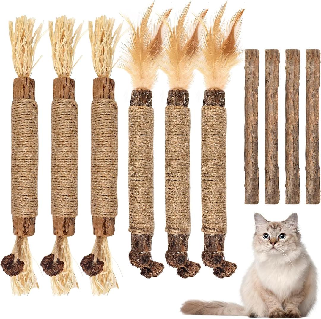 Bissap 10 PCS Silvervine Chew Sticks for Cats, Catnip Chew Sticks Cat Toys for Indoor Cat Kitten Teeth Grinding Interactive Feather Toys for Aggressive Chewers Dental Care