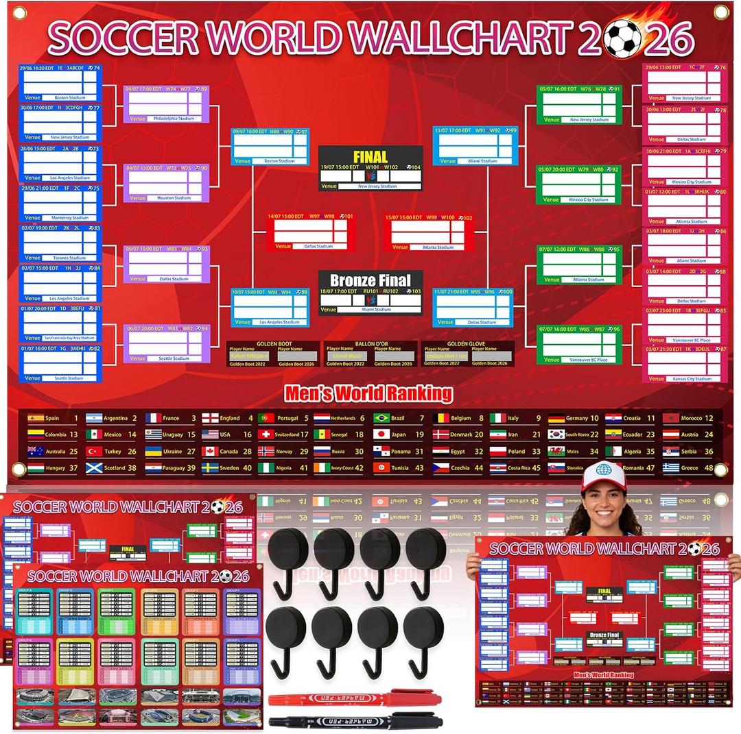 2 x 2 PCS World Cup Schedule Poster Soccer Party DecorationsSoccer Party Decorations Knockout Stage Bracket Wallchart & Group Stage Wallchart Showcase Waterproof Backdrop Banner Sports Event Merchandise Football Fans Gifts with Hook 33x24"