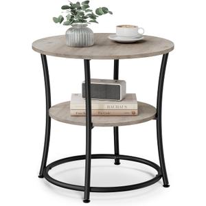 VASAGLE Side Table, Round End Table with 2 Storage Shelves for Living Room, Bedroom, Nightstand with Steel Frame for Small Spaces, Accent Coffee Table, Greige and Ink Black