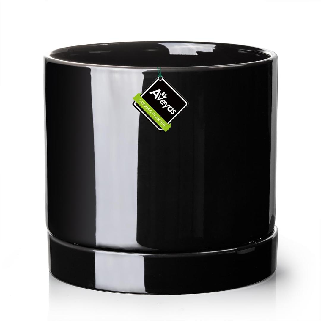 Aveyas 10 inch Ceramic Plant Pot with Drainage Hole and Saucer - Suitable for Indoor and Outdoor Use, Modern Planters for House Garden Flower Tree Snake Monstera Plants (Glossy Black)