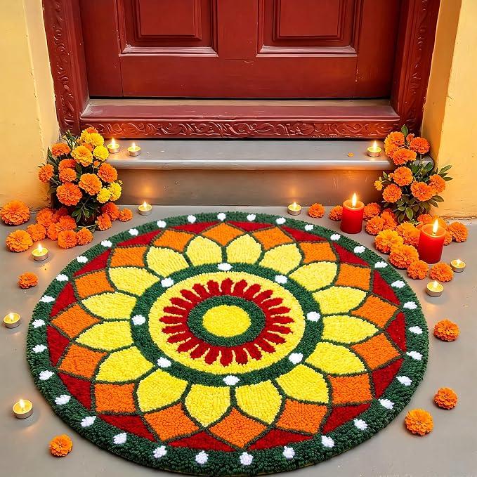 24 Inch Rangoli Doormat Indian Pooja Decorations for Home, Orange Mandala
Ganesh Chaturthi Flower Bathroom Rug with TPR Backing, Diwali Varalakshmi Mehndi Decor for Entrance Housewarming Wedding Gift