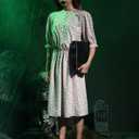 Spadehill Women Halloween Babara Midi Puff Sleeve Dress Button Print Pleated Costume L