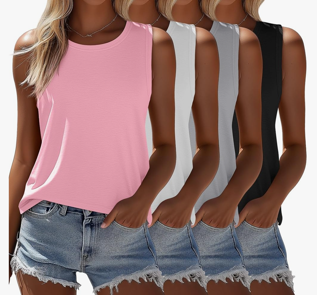 Ficerd 4 Pack Women's Sleeveless Tops, Casual Summer Loose Fit T Shirts Solid Color Tunic Tank Tops Ladies' Crew Neck Tee, XXL