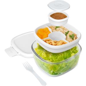 Bentgo Glass All-in-One Salad Container - Large 61-oz Salad Bowl with Lid, 4-Compartment Bento-Style Tray, 3-oz Sauce Container, and Reusable Fork - Dishwasher, Microwave, and Oven Safe (White)