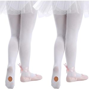 2 Pairs Tights for Girls, Ultra Soft Ballet Tights White Footless Dance Leggings Transition Tight for Kids (White, M)