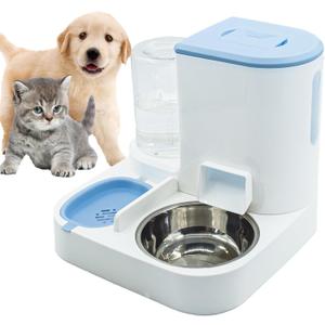 Automatic Cat Food and Water Dispenser Set 2 in 1, All-in-One Gravity Pet Feeder with Stainless Steel Cat Food Bowl Travel Auto Supply Feeder and Water Dispenser for Small Medium Cats Dogs (Blue)