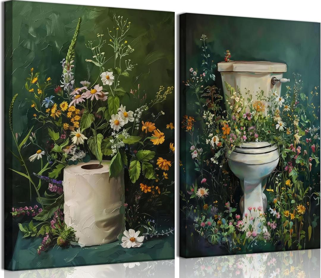2Pcs Dark Green Bathroom Canvas Wall Art Botanical Toilet Moody Wildflowers Posters Prints Vintage Flowers Wall Pictures Decor for Bathroom Toilet Washroom Decorations (16"L x 12"W Canvas)