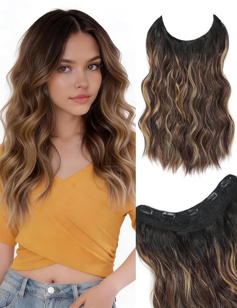 Clip in Hair Extensions for Women, Long Wavy Synthetic Hairpieces Fake Hair Extension Clips, One Piece Clip in Hair Pieces(Balayage Dark Brown to Blonde)