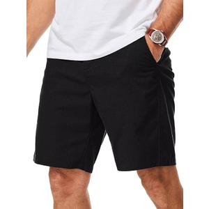 Mens Cotton Linen Shorts Casual Waist Elastic Button Golf Beach Shorts with Pockets (32, Black)