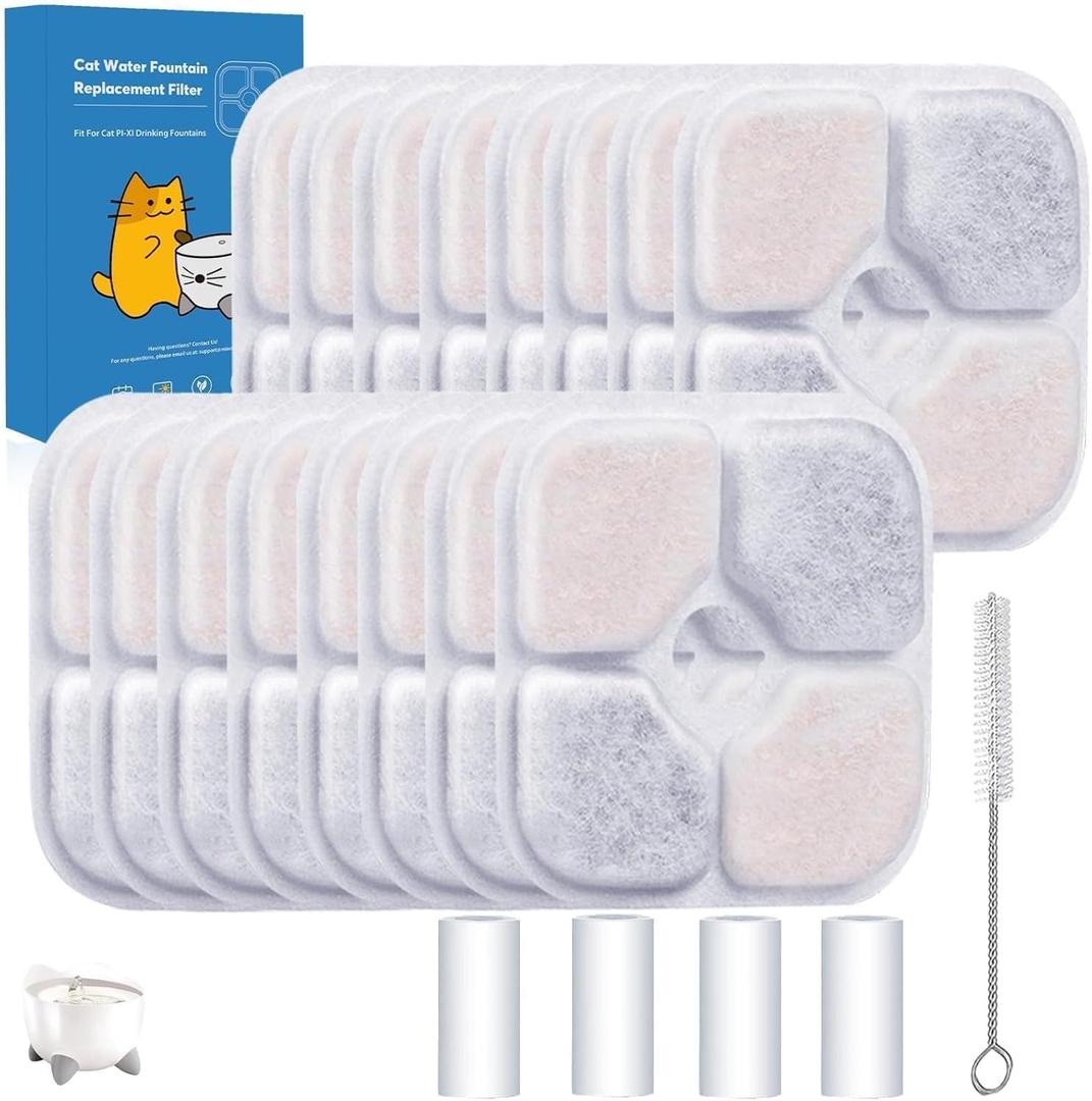 16-Pack Cat Water Fountain Filter Compatible With Catit Pixi Water Fountain Filter Replacement Triple Action Water Filter, 4 Pump Tubes 1 Hard Brush