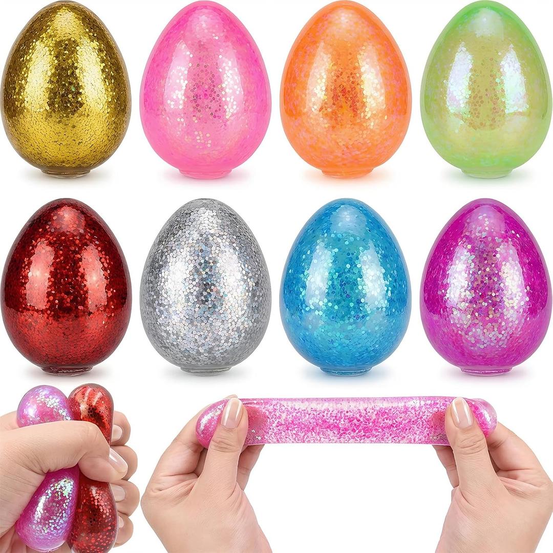 8 Pack Easter Eggs Stress Balls Squishy Toys, Glitter Stress Relief Eggs Squeeze Toys for Kids Boys Girls Toddlers, Easter Basket Stuffers, Party Favors, Easter Egg Hunt Fillers