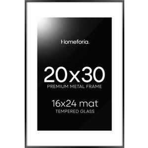 Homeforia 20x30 Poster Frame Black, High End Metal 20 x 30 Picture Frames with Mat 16 by 24 inch Photo, 30x20 Large Frame for Wall, 20x30 Thin Frame Matted to 16x24, Tempered Glass, Wall Kit, Set of 1