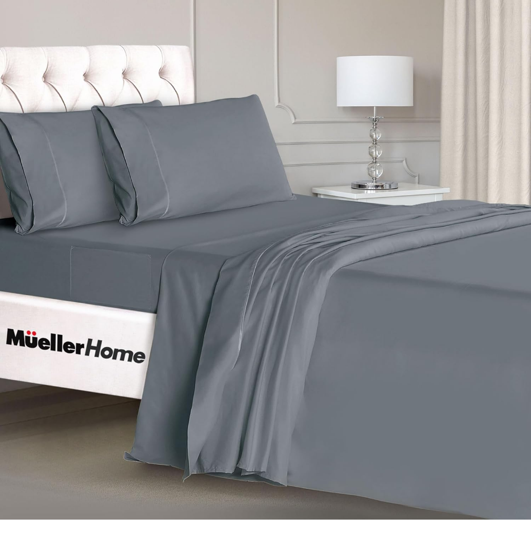 Mueller Ultratemp King Size Sheets Set, Super Soft 1800, 6 Piece, Deep Pocket up to 16" Cooling Sheets Queen Size, Transfers Heat, Breathes Better, Hypoallergenic, Wrinkle, Denim