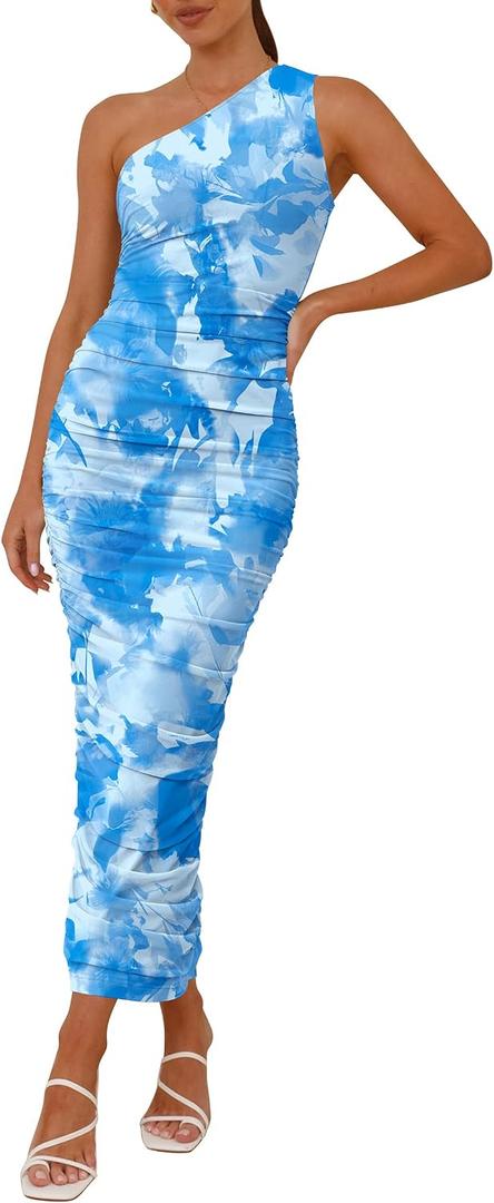 PRETTYGARDEN Wedding Guest Dresses for Women Summer 2026 One Shoulder Ruched Mesh Bodycon Cocktail Beach Floral Maxi Dress (Blue, M)