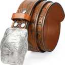 SUOSDEY Western Genuine Leather Belt with Silver Bull Embossed Buckle for Men,Cowboy Engraved Belts for Jeans,1.5" Width (Fits 30"-34" Waist, Brown)