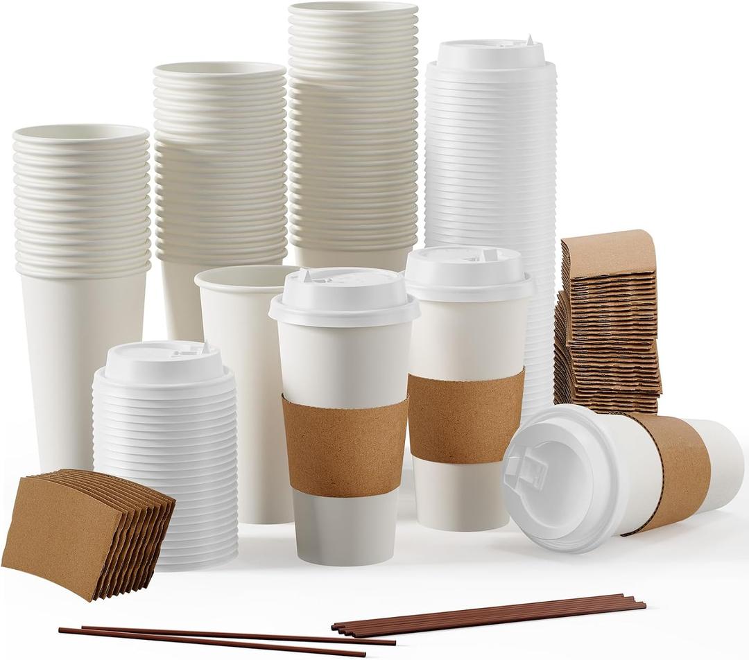 JOLLY PARTY [50 Pack] 20 oz Paper Coffee Cups, Disposable Paper Coffee Cup with Lids, Sleeves, and Stirrers, Hot/Cold Beverage Drinking Cup for Water, Juice or Tea, Suitable for Home, Shops and Cafes, 50 Count